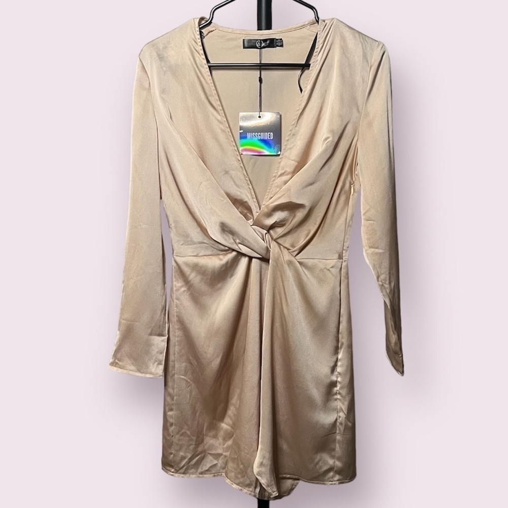 Missguided Petite Plunge Twist Front Shift Metallic Champagne Dress 4